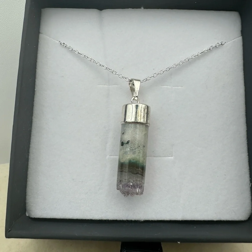 Amethyst and Agate Cylinder Pendant on Box Chain